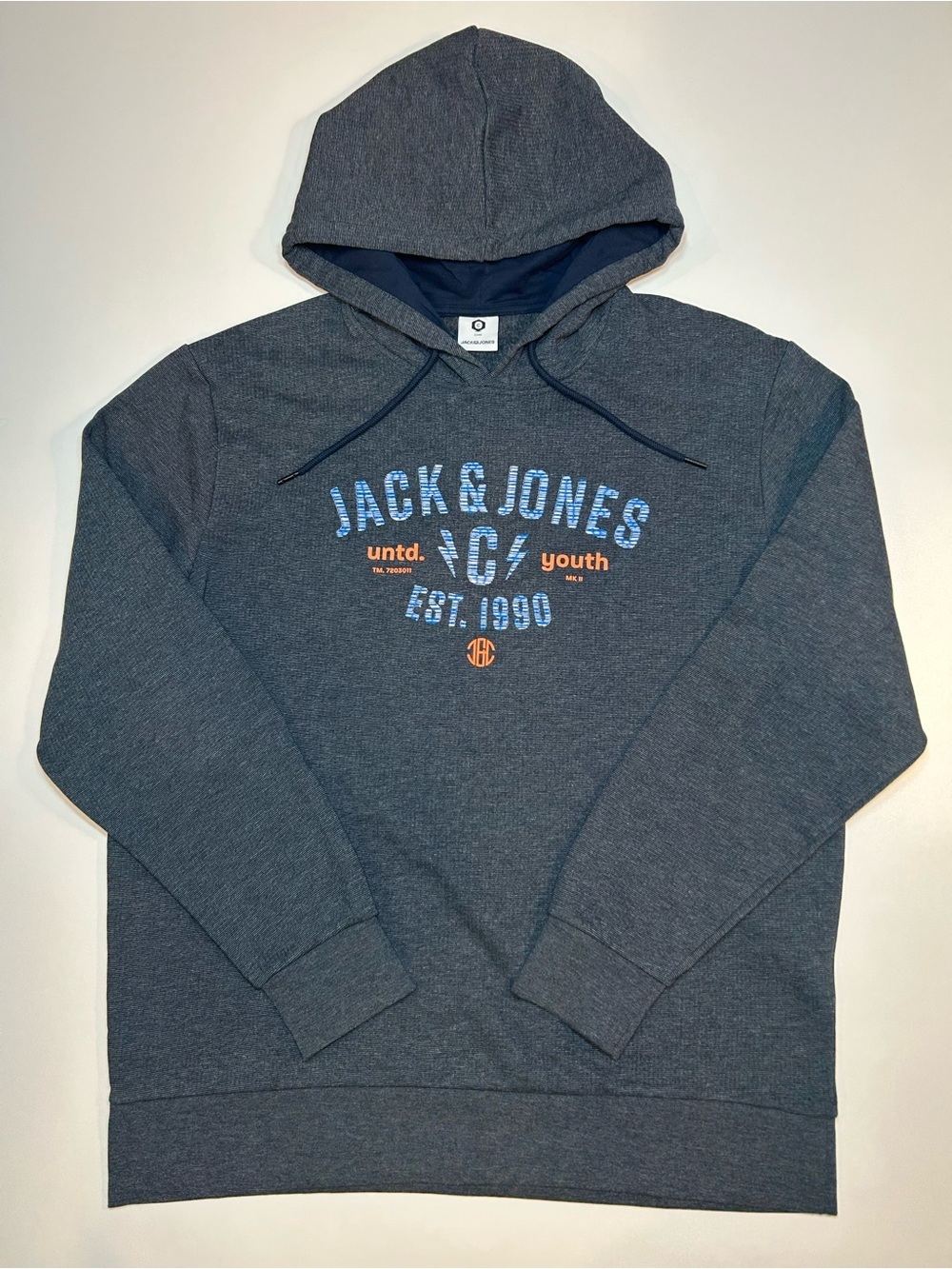 Jack & Jones Men's Textured Graphic Hoodie Grey Blue Cotton Blend Large